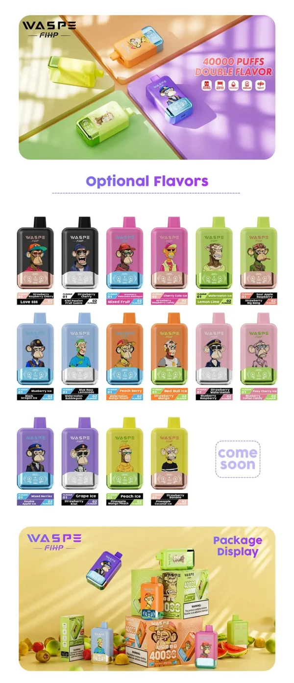 WASPE-40000-PUFFS-Double-Flavor-Disposable-Vape A Display Of Waspe Fihp 40000 Puffs Vaping Devices With Colorful Designs, Featuring &Quot;40,000 Puffs Double Flavor&Quot; Text And Product Packaging In A Modern, Pastel-Colored Setting.
