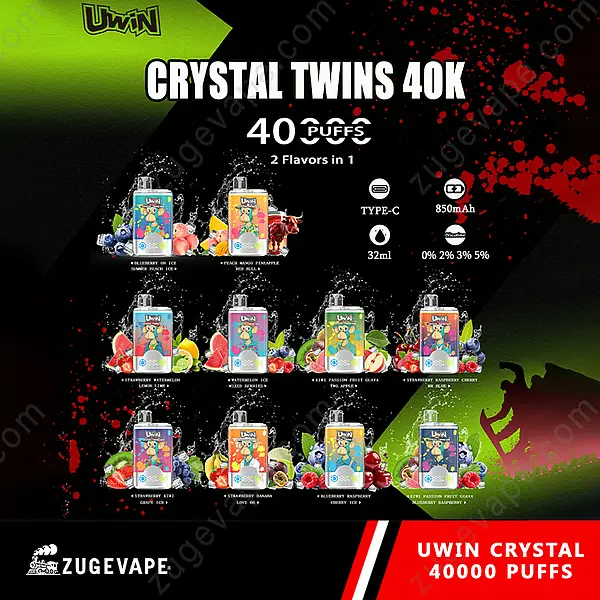 Uwin Twins Crystal 40K Puffs Disposable Vape Colorful Promotional Image Showcasing Uwin'S Crystal Twins 40K Disposable Vape Featuring 40,000 Puffs And Various Fruit Flavor Combination