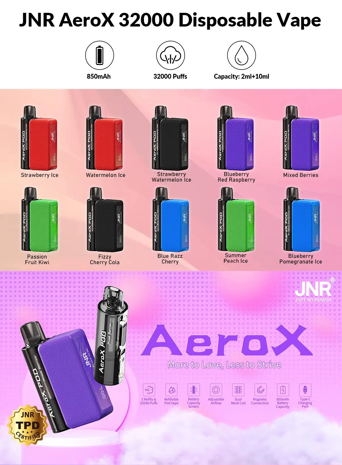 JNR AeroX 32000 口可再填充电子烟产品