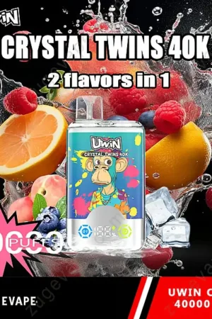 Uwin Twins Crystal 40K Puffs Disposable Vape Promotional Image For Uwin Crystal Twins 40K Vape Featuring Its Design With Colorful Branding, A Cartoon Monkey Graphic, And Surrounding V