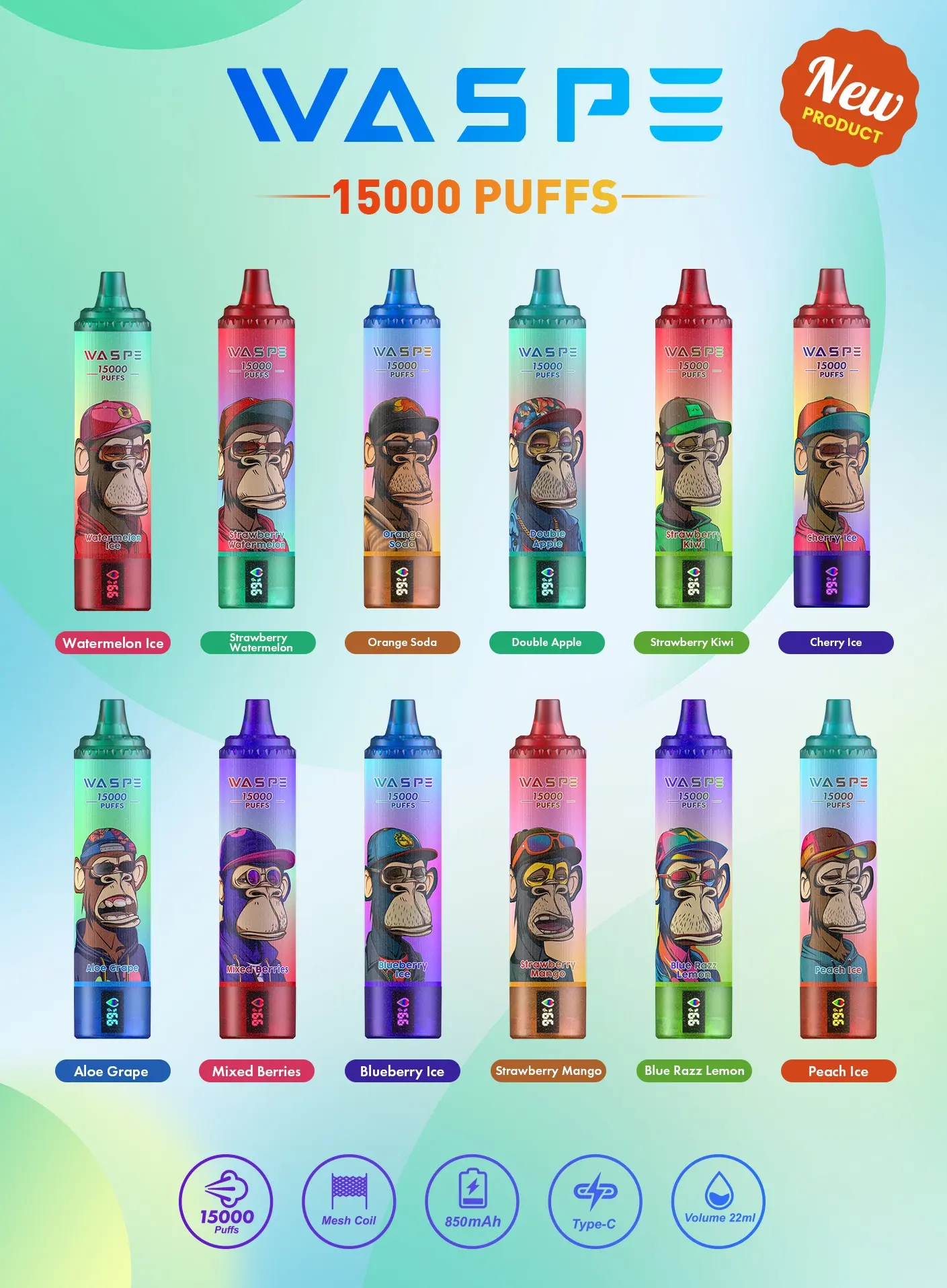 WASPE 15000 PUFFS Disposable Vape Blue-Razz-Lemon