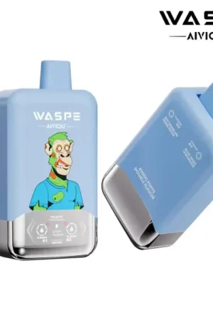 WASPE-40000-PUFFS-Double-Flavor-Disposable-Vape A Display Of Waspe Fihp 40000 Puffs Vaping Devices With Colorful Designs, Featuring &Quot;40,000 Puffs Double Flavor&Quot; Text And Product Packaging In A Modern, Pastel-Colored Setting.